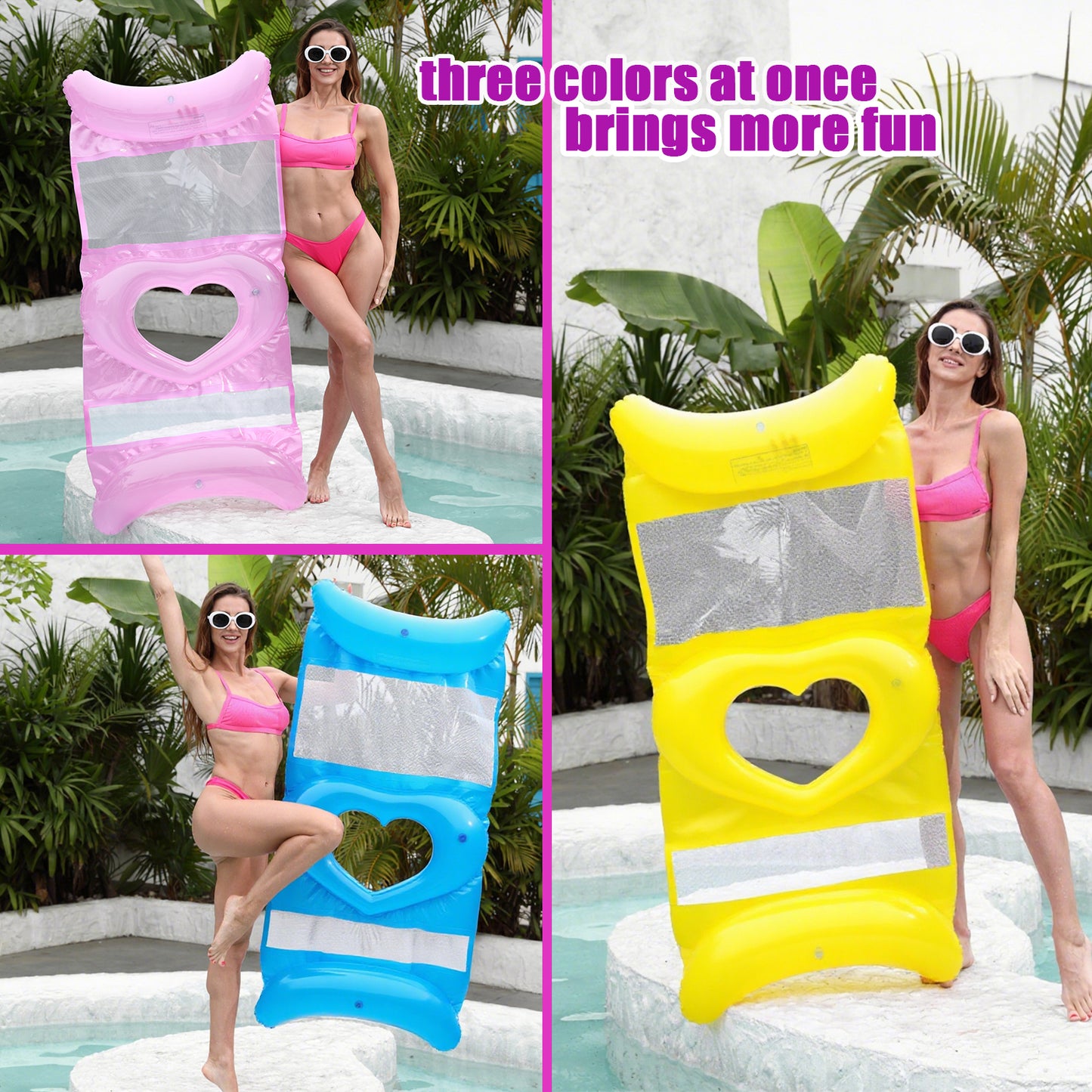 actoper Upgraded 3 Packs Heart-shaped Pool Noodles Water Hammock Floats Lounges for Adult, Pink Yellow and Blue Combination, PVC Inflatable Raft for Adults Vacation Parties