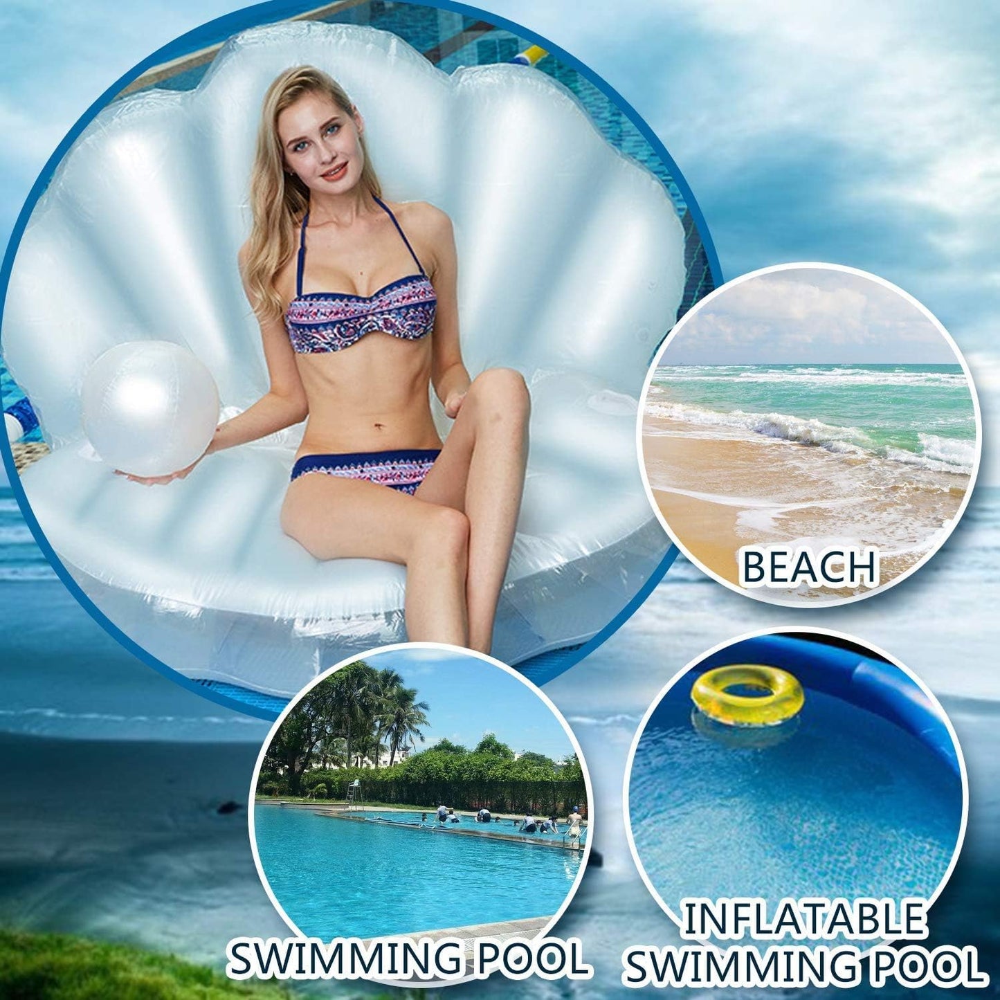 actoper Inflatable Seashell Swimming Pool 55 inch Inflatable Floating Ball Giant Bed Mattress Beach Seashore Shell Shaped Water Sofa Air Cushion Beach Mermaid Ocean Theme Party Decor
