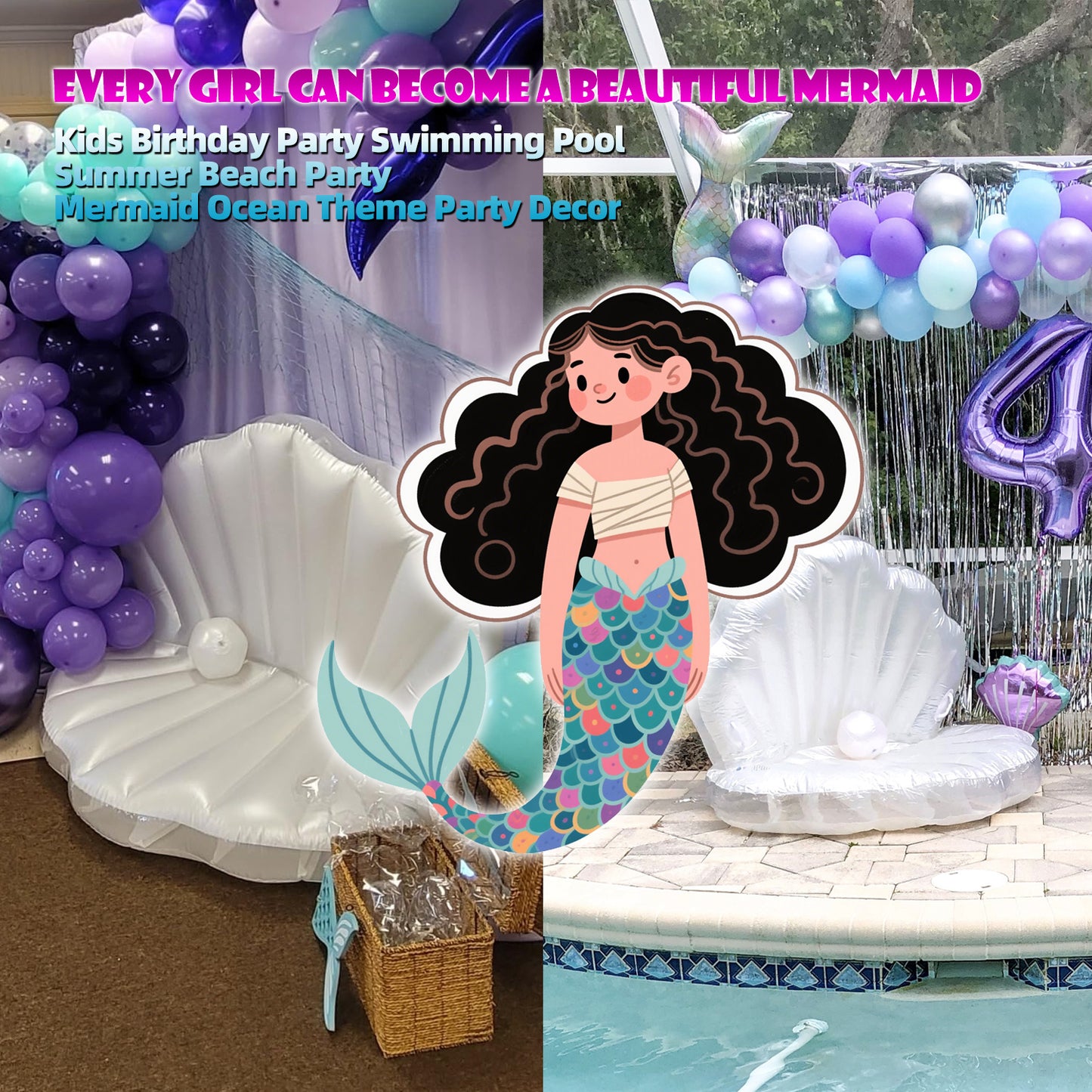 actoper Inflatable Seashell Swimming Pool 55 inch Inflatable Floating Ball Giant Bed Mattress Beach Seashore Shell Shaped Water Sofa Air Cushion Beach Mermaid Ocean Theme Party Decor