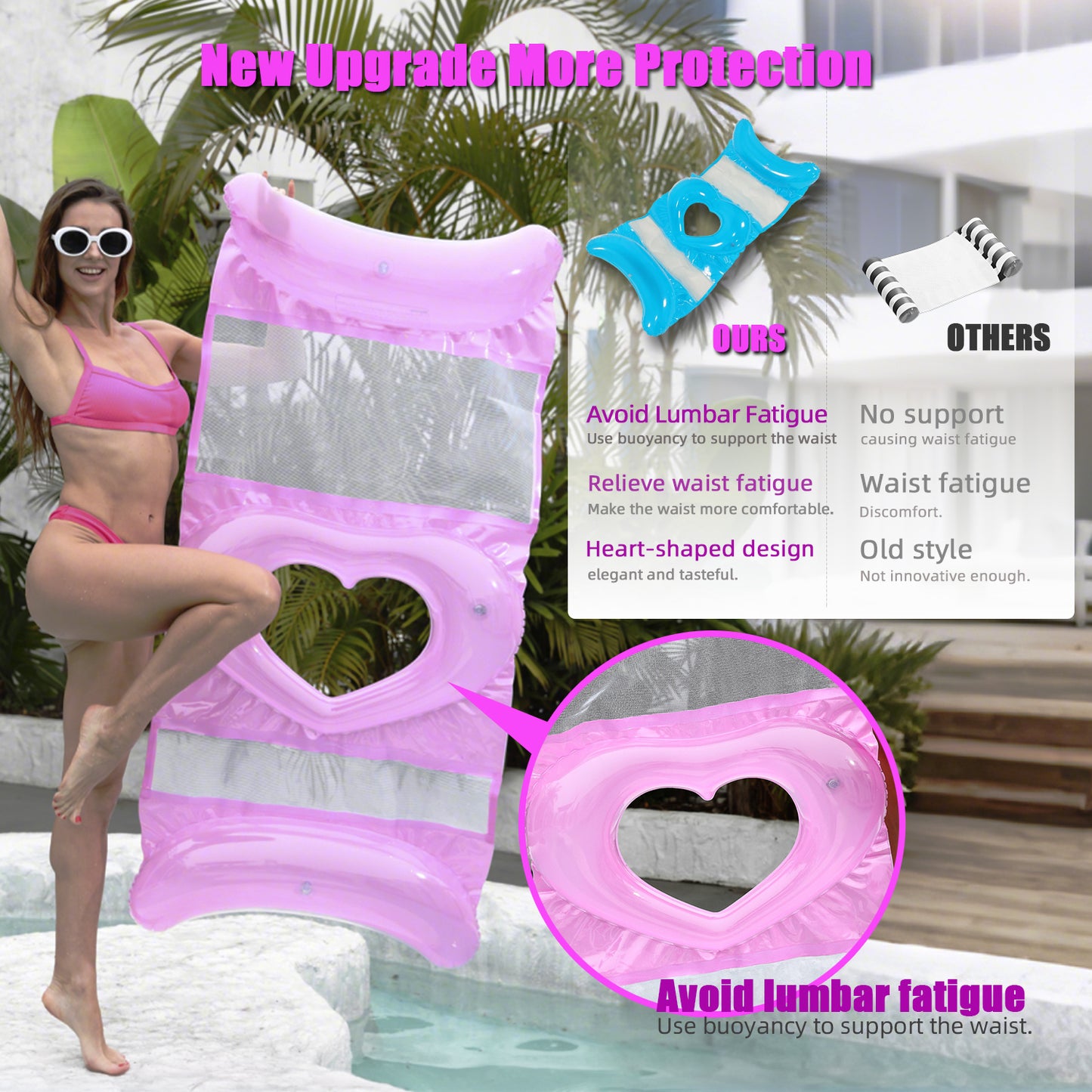 actoper Upgraded 3 Packs Heart-shaped Pool Noodles Water Hammock Floats Lounges for Adult, Pink Yellow and Blue Combination, PVC Inflatable Raft for Adults Vacation Parties